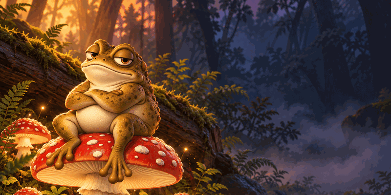 A stout brown toad sits cross-armed on a mossy log in a misty forest at dusk, a red-capped toadstool at its feet.