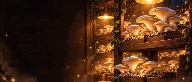 Shelves of glowing oyster mushrooms growing in trays under warm lamps inside a wooden barn.