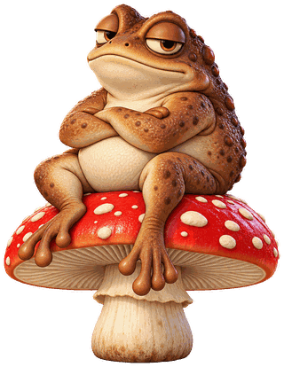 The Disgruntled Toad mascot: a stout brown toad sitting cross-armed on a red-capped toadstool, looking unimpressed.