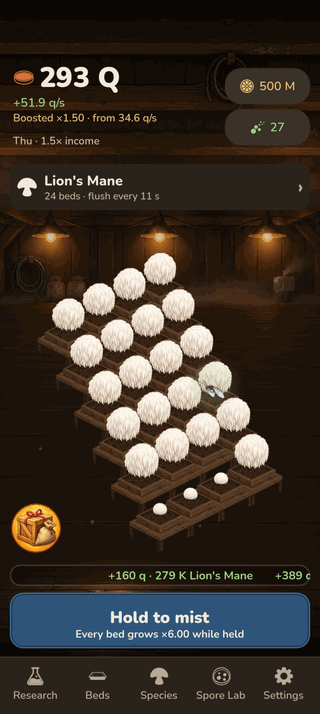 The farm screen: rows of white mushrooms on wooden beds in a dark barn, with a large Hold to mist button at the bottom.