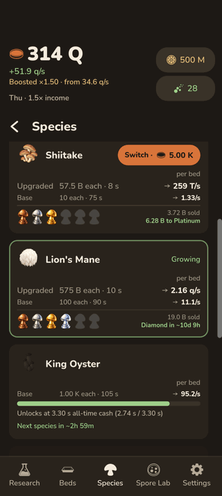 The species screen listing Shiitake, Lion's Mane and King Oyster with upgrade stats and trophy slots.