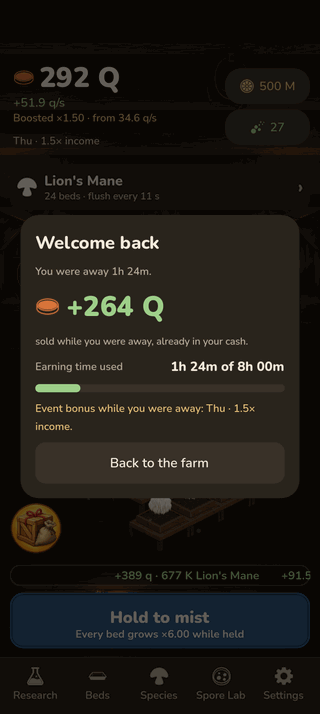 The welcome back screen reporting cash earned while away and the earning time used, with a Back to the farm button.